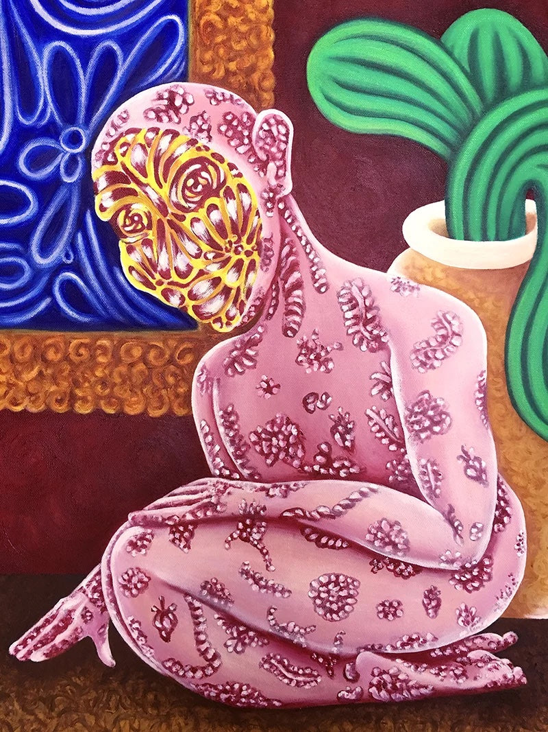 A colorful painting of a seated figure wrapped in a pink patterned garment, with a gold floral face covering, a blue patterned panel on the left, and a green cactus in a pot on the right.